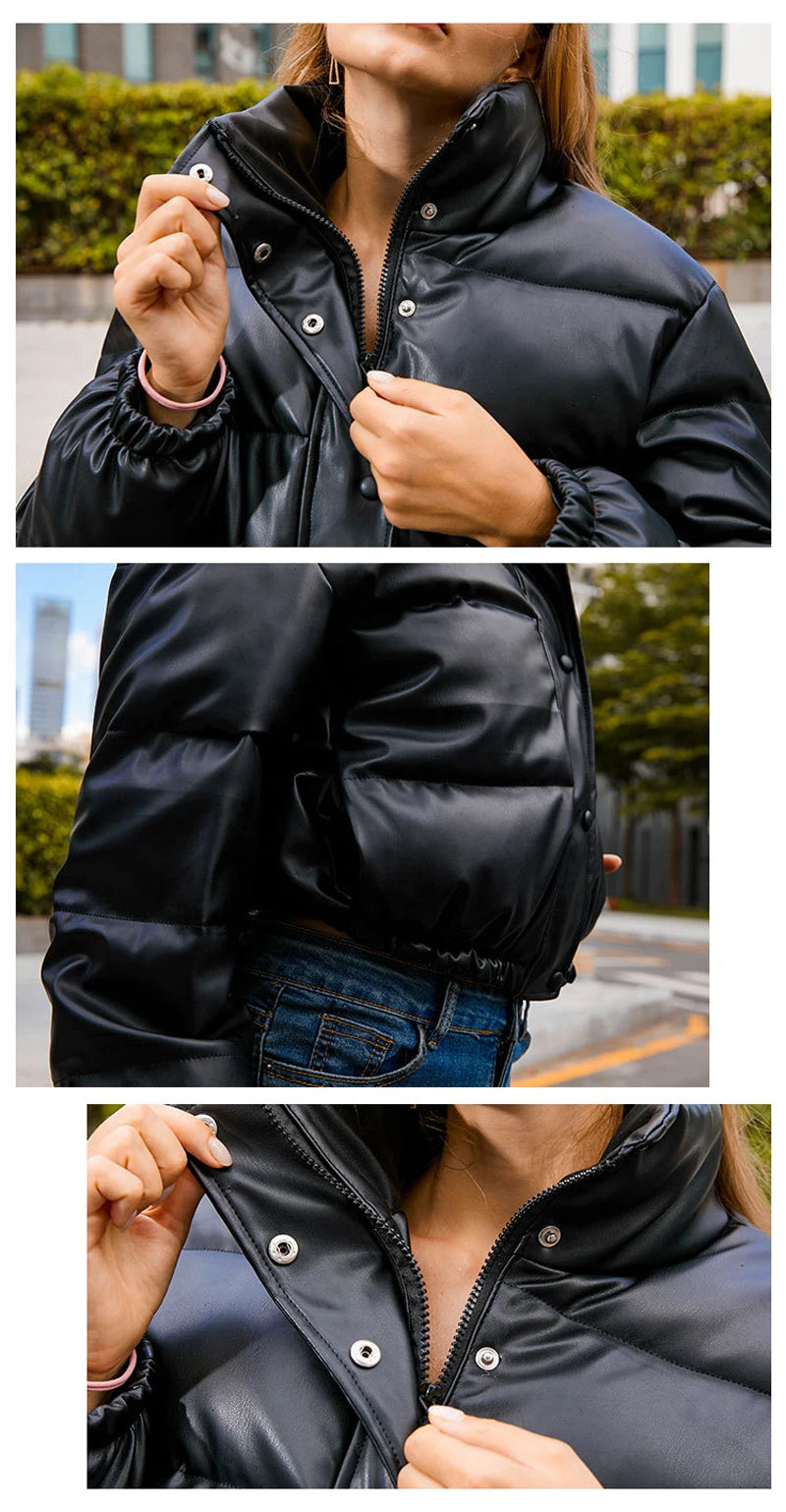 Winter Warm Thick PU Leather Coats Women Short Parkas Fashion Black Cotton Padded Lady Down Jacket Elegant Zipper Clothes 2025