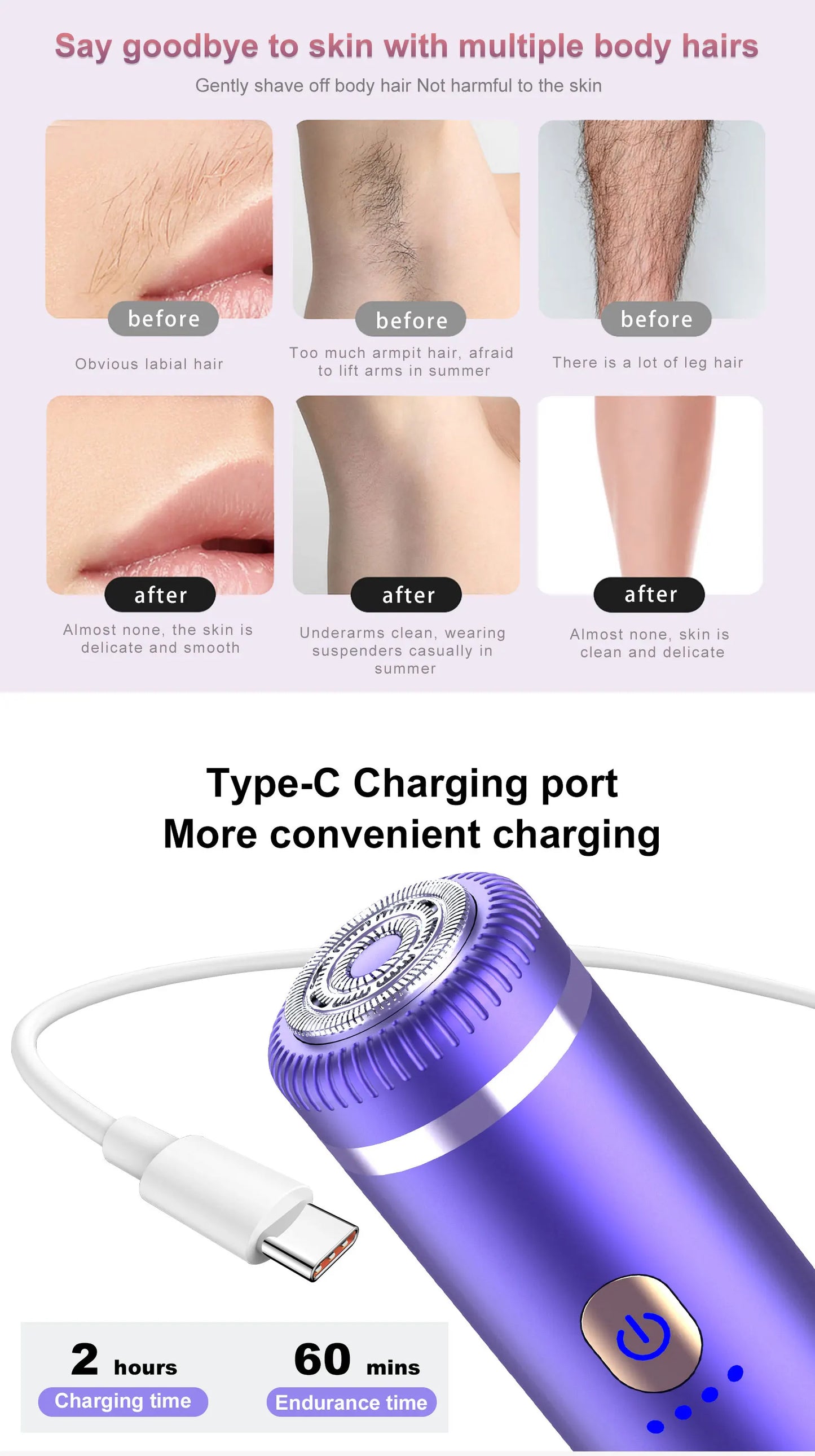 Facial Hair Remover for Women, Eyebrow Trimmer Nose Hair Mini Bikini Razor Precise Shaper, Portable Rechargeable Epilator for Li