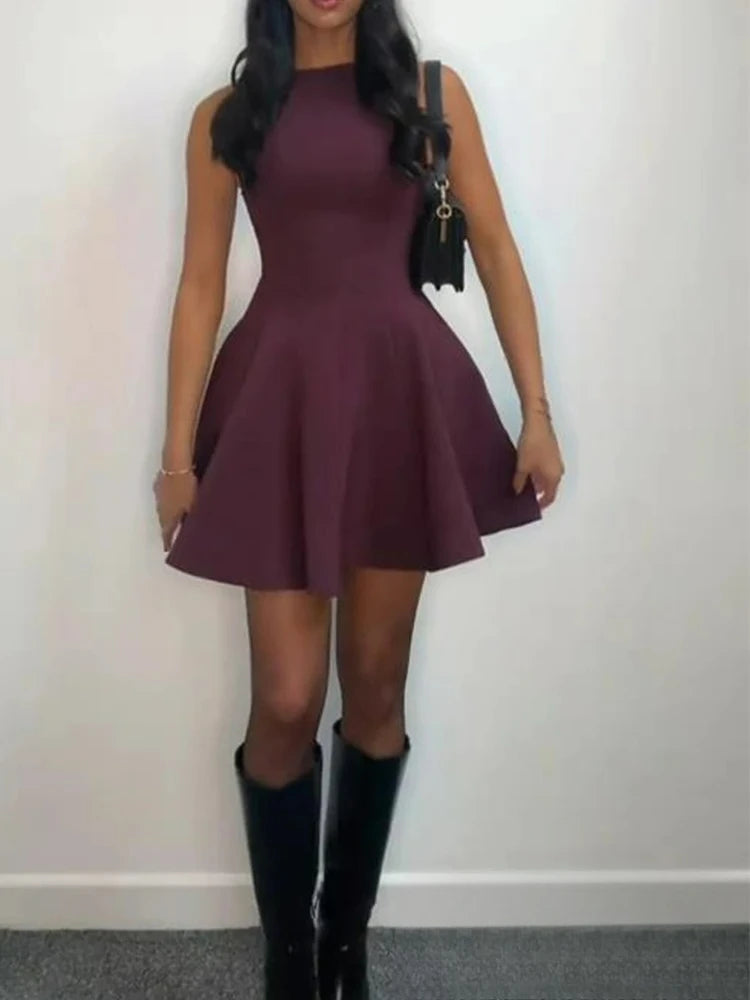KONDALA Vintage Casual Chic  Women Dress Solid Sleeveless O-Neck Zipper Mini Dress New Fashion 2025 Spring Summer Female Dress