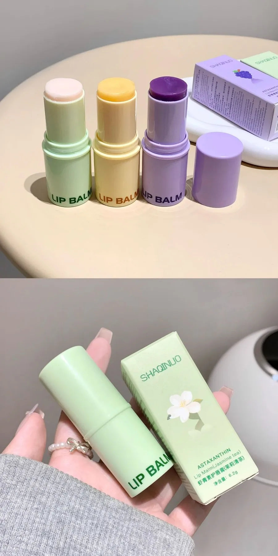 3-Color Lip Balm - Osmanthus, Jasmine Tea, and Grape Scents ,lip care, hydrating and nourishing
