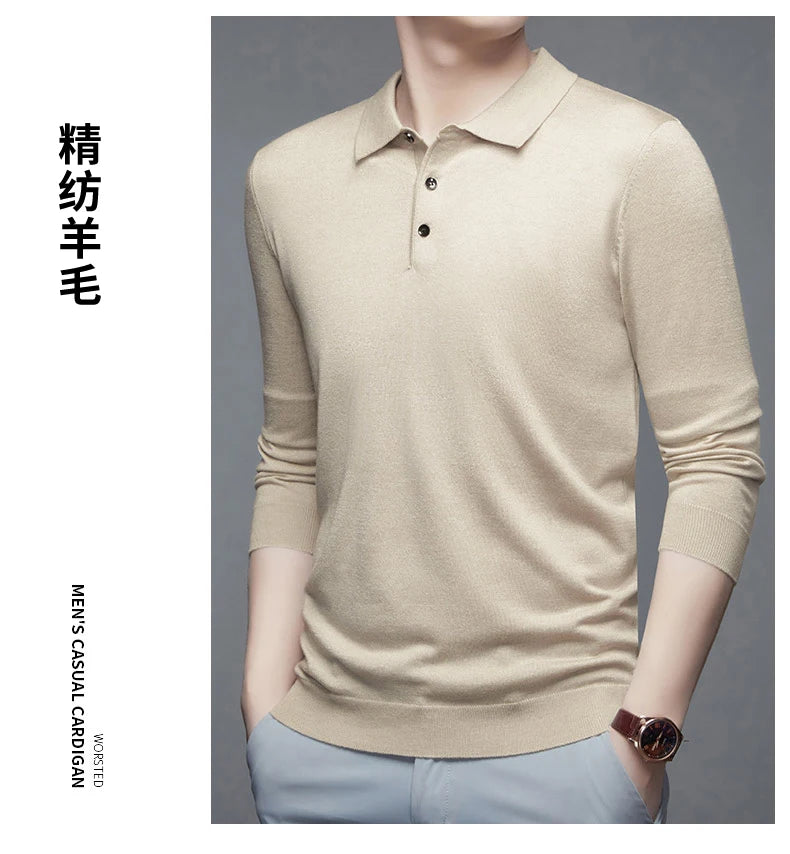 Men's Fine Wool Sweater Polo Collar Pullover Spring Autumn New Cashmere Knitwear Smart Casual Loose Men's Shirts Warm Soft Tops