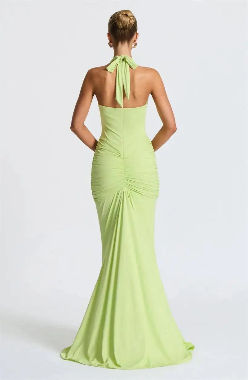 Deep V Neck Draped Ruched Sexy Maxi Dress Women Summer Fashion Halter Sleeveless Backless Club Party Long Dress Elegant BM98