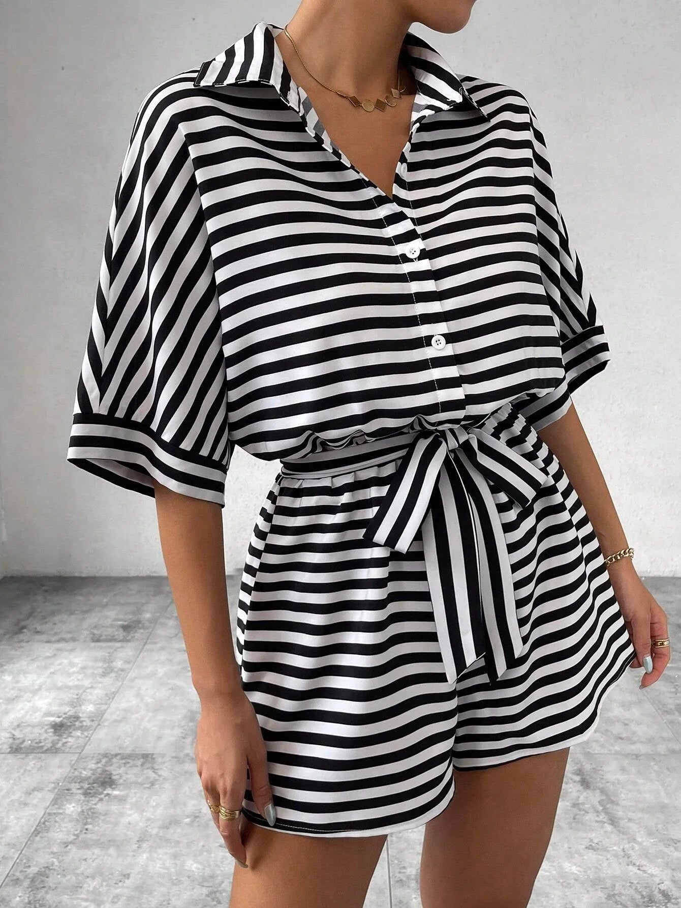 Summer New Set For Women's Casual Loose Comfortable Outfit Fashion Striped Batwing Sleeve Shirt Top+ Shorts 2-piece Sets Woman