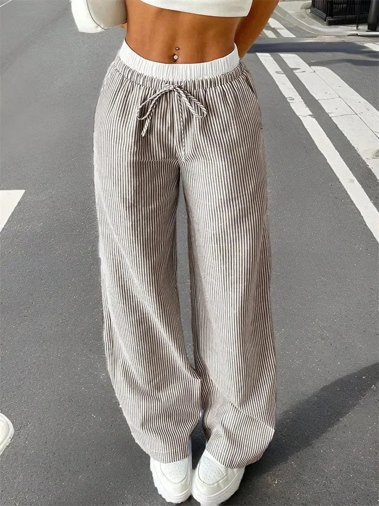 Casual Striped Woven Wide Leg Pants for Women Autumn Winter Casual Stylish Full Length Trousers Y2K Clothes Streetwear