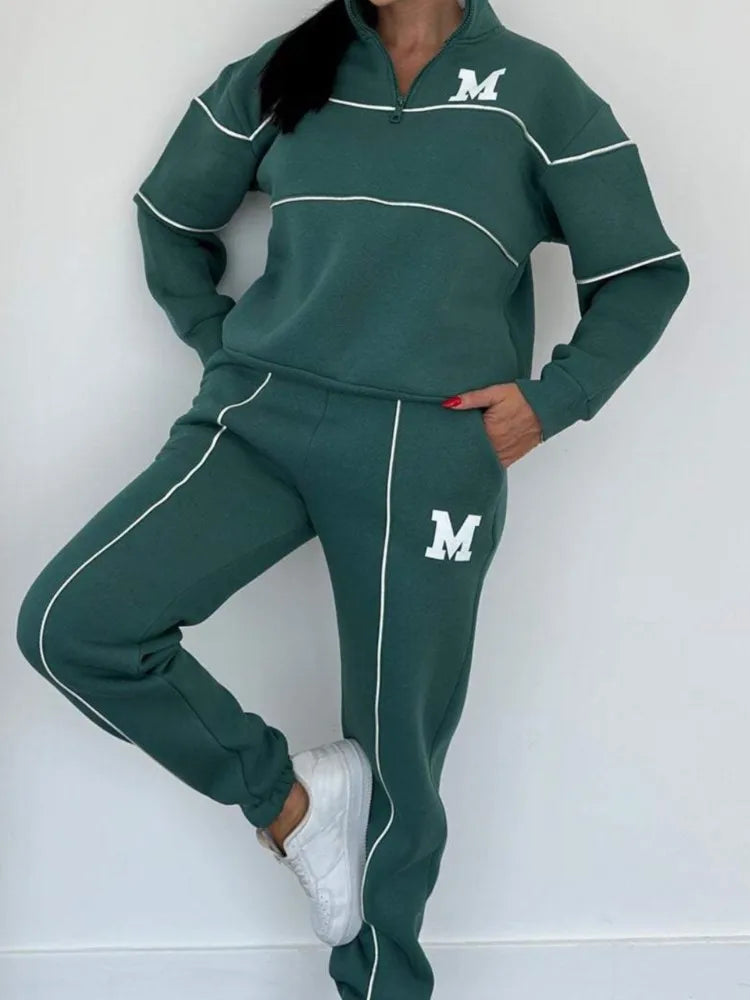 Autumn Winter Women's Fashion Letter Print Sweatshirt Set Casual Zipper Half Open Collar Long-sleeve + Sweatpants Two-piece Set