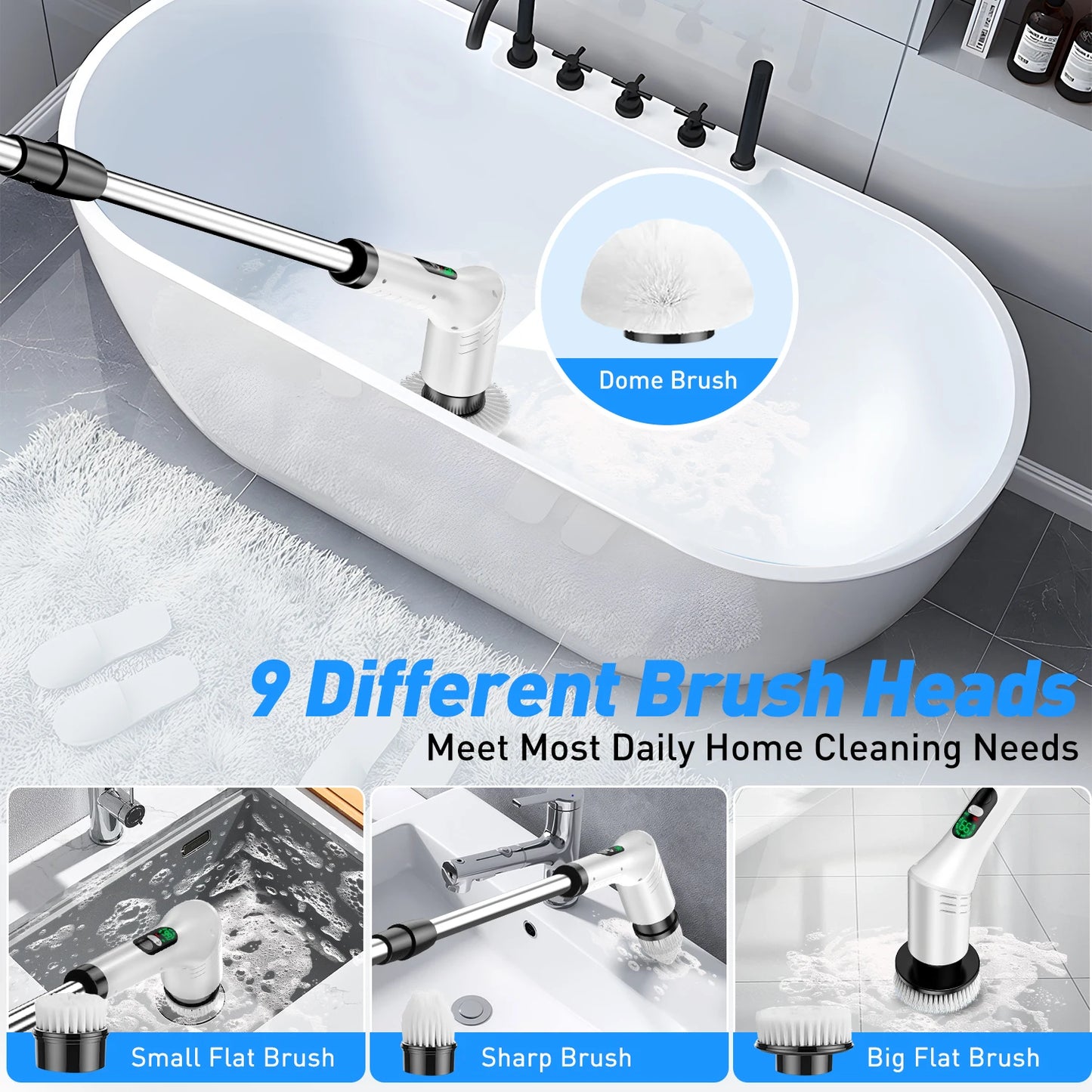Upgraded electric rotary brush, with a display screen, fully waterproof, and adjustable handle brush head,a home cleaning wonder