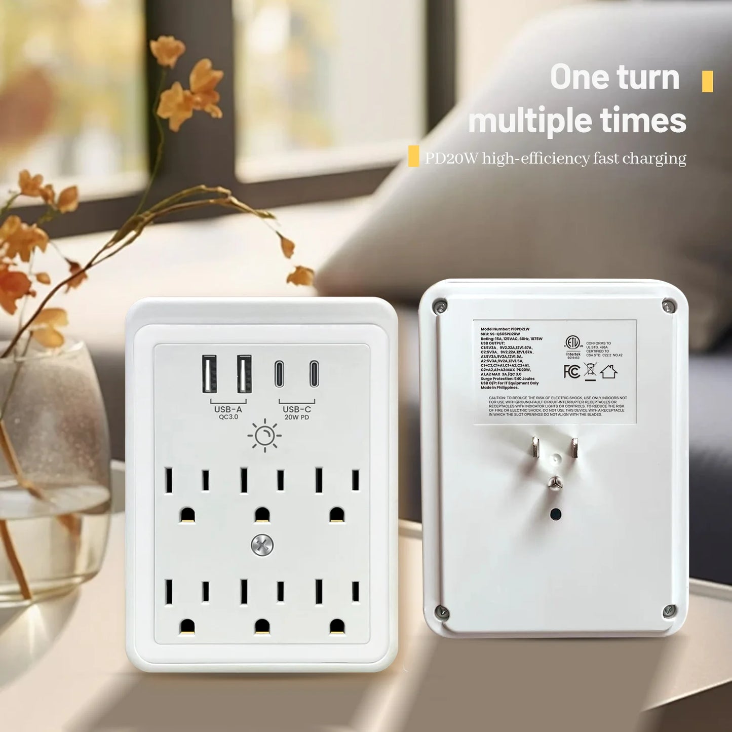 Multi Plug Outlet Expander, USB Wall Charger, Outlet Splitter Adapter Wall Mount for Home Travel Office