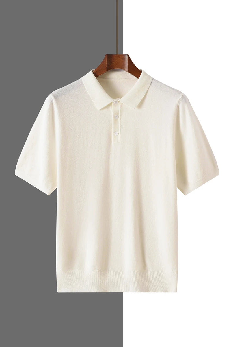 2025 Classic Polo Neck T-Shirt Pullover Men Knitwear Wool Lyocell Blend Sweater Short Sleeved Cool High-Quality Clothing Tops