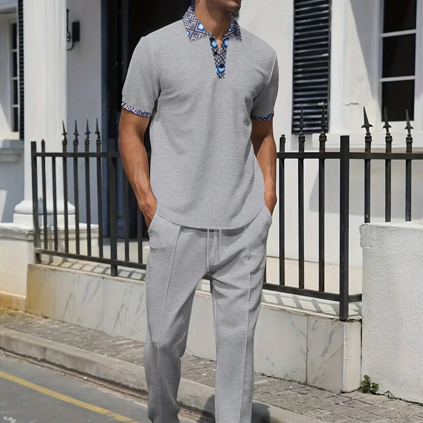 New 2025 Summer Waffle Men's top Casual short-sleeved polo Waffle collar Solid color everything pair with two pantsuits