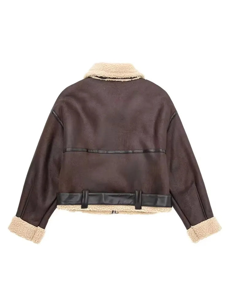 Winter Women's Belted Short Jacket Windbreaker Coat Fashion Retro Warm Thickened Long Sleeve Zipper Mujer Roupa Street