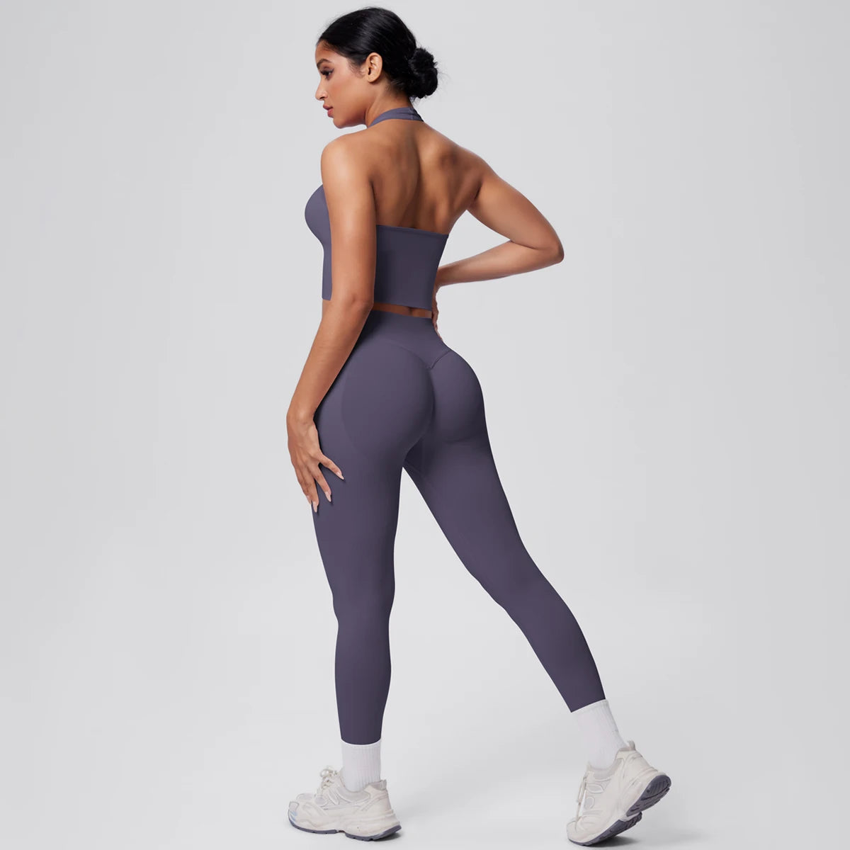 Solid Color Backless Breathable 2pieces Set for Woman High Strength Training Yoga Set Hanging Neck Bra Gym Push Up Fitness Pants