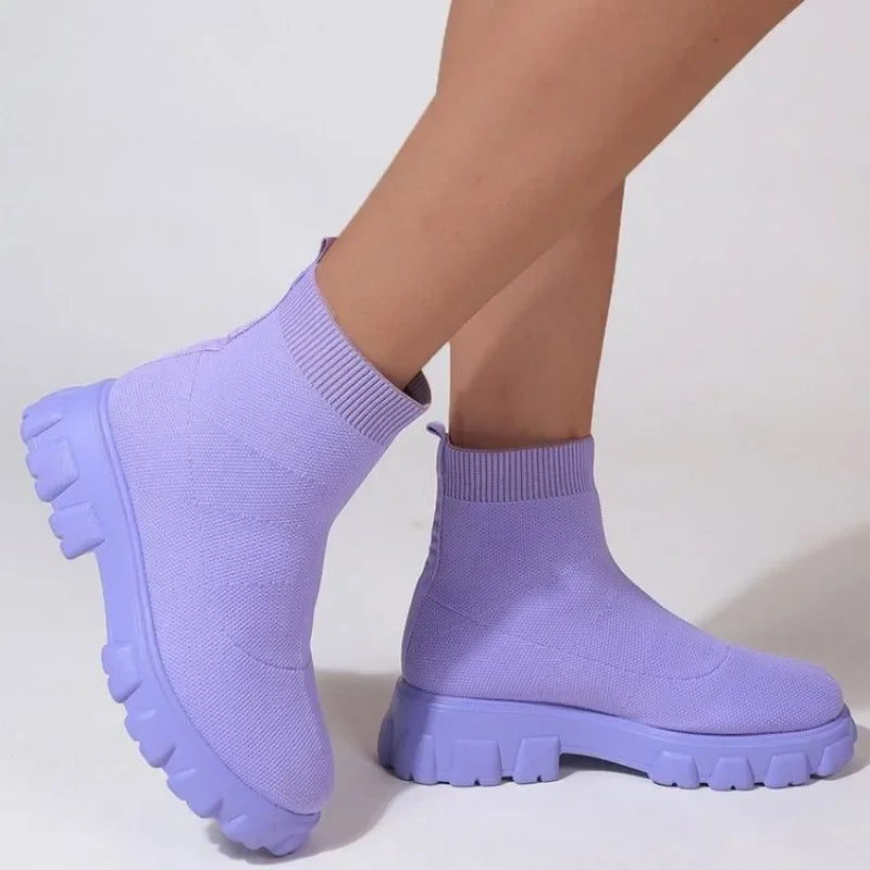 Mesh Women's Ankle Boots Fashion Women's Sock Boots Comfortable Breathable Slip-on Womens Boots High-top Women Thick-soled Shoes