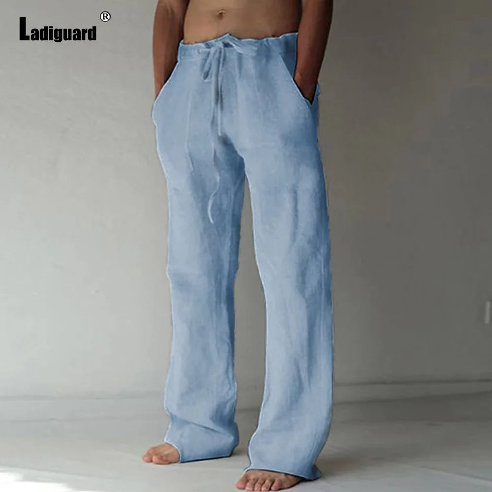Plus Size 5xl Mens Loose Pants 2025 Summer Casual Linen Pants Male Fashion Print Trouser Men Patchwork Drawstring Leisure Pant