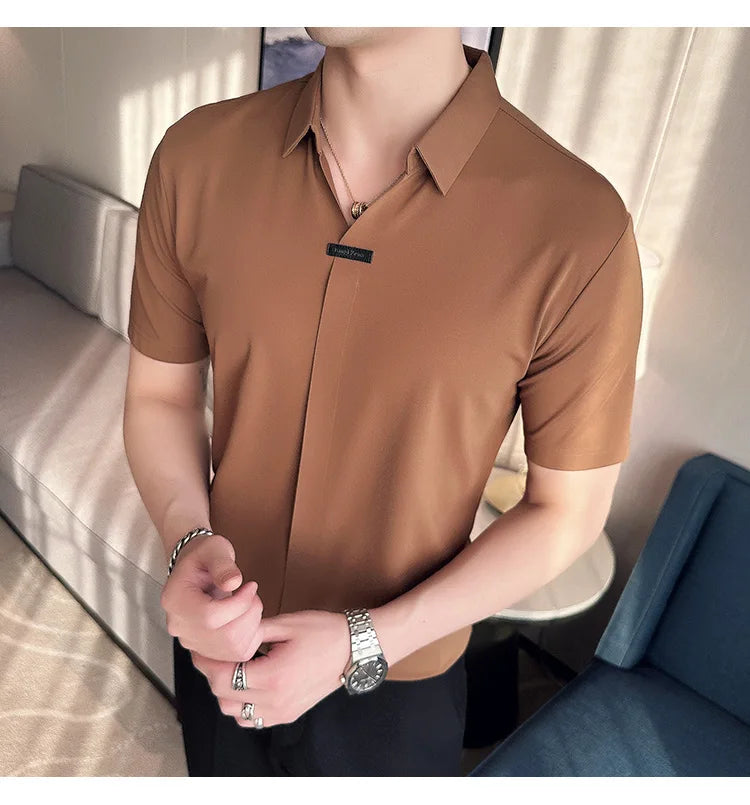 Luxury Purple Polo Shirts For Men High Quality Summer Short Sleeve Men's Polos Ice Silk Elastic Slim Fit Turn Down Collar Tees