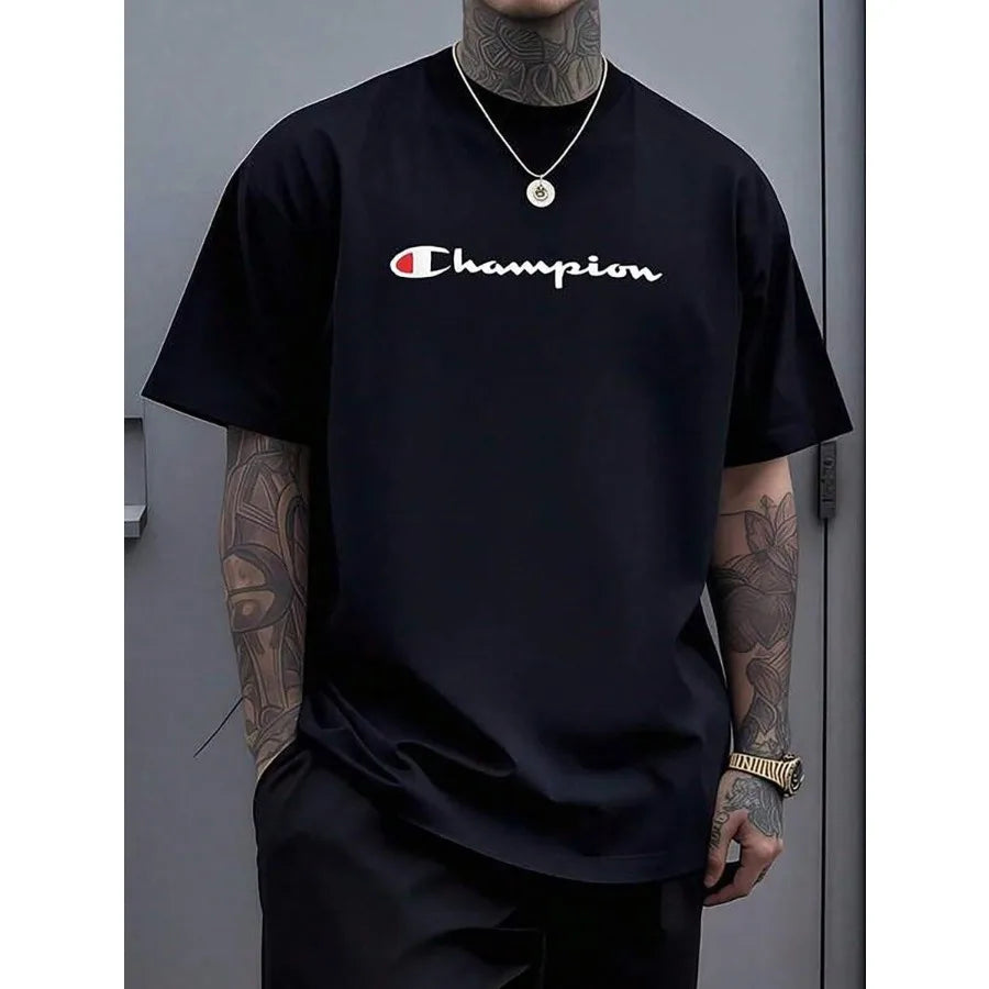 【Spot goods】Champion Script Logo Graphic Men's Black T-Shirt Comfortable Casual Short Sleeve 220 Gram Heavyweight Cotton Printe