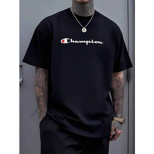 【Spot goods】Champion Script Logo Graphic Men's Black T-Shirt Comfortable Casual Short Sleeve 220 Gram Heavyweight Cotton Printe