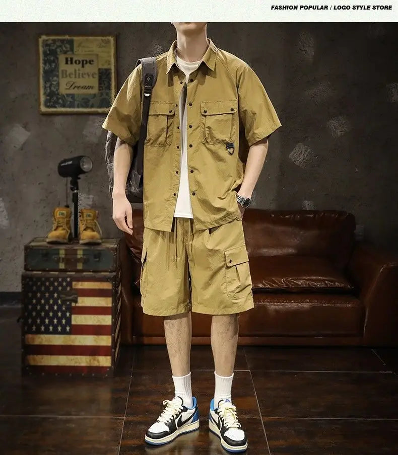 Trendy Cargo Summer Clothes Set Men Short Sleeve Shirt with Pockets And Shorts Solid Casual Safari Outdoor Outfits
