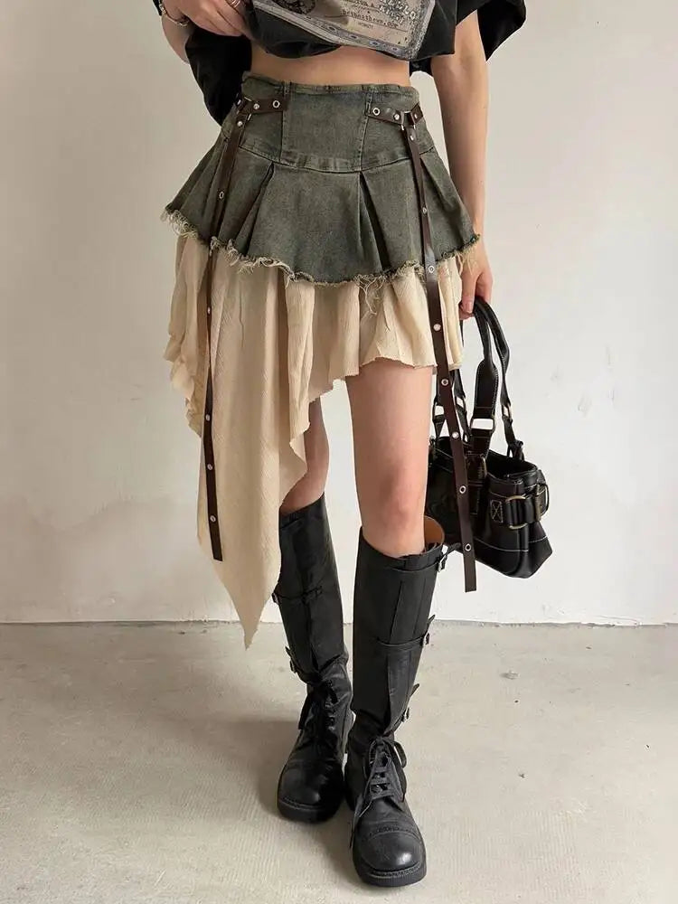 EAM Color-block Irregular Spliced High Elastic Waist A-line Mini Denim Skirt Women Fashion Tide New Spring Autumn 2026 30A3307