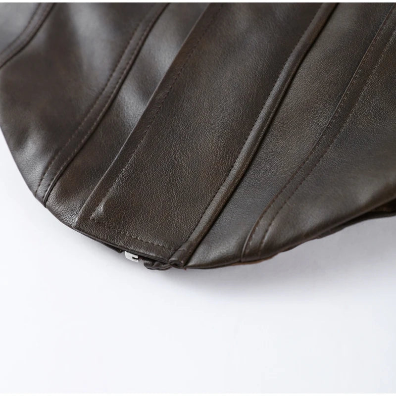 Fashion Lapel Leather Jacket Women's Full Sleeve Slim Solid Zippers Coat 2026 Spring New Lady Edgy Casual High Street Outerwear