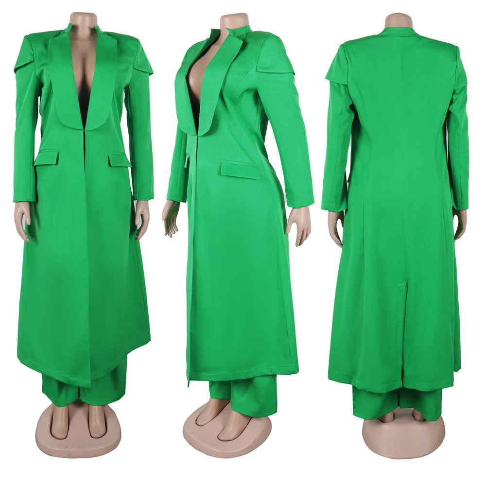 Streetwear Fashion X-Long Blazer Coat and Long Pants Suit 2 Two Piece Set for Women 2025 Spring African Work Business Outfits