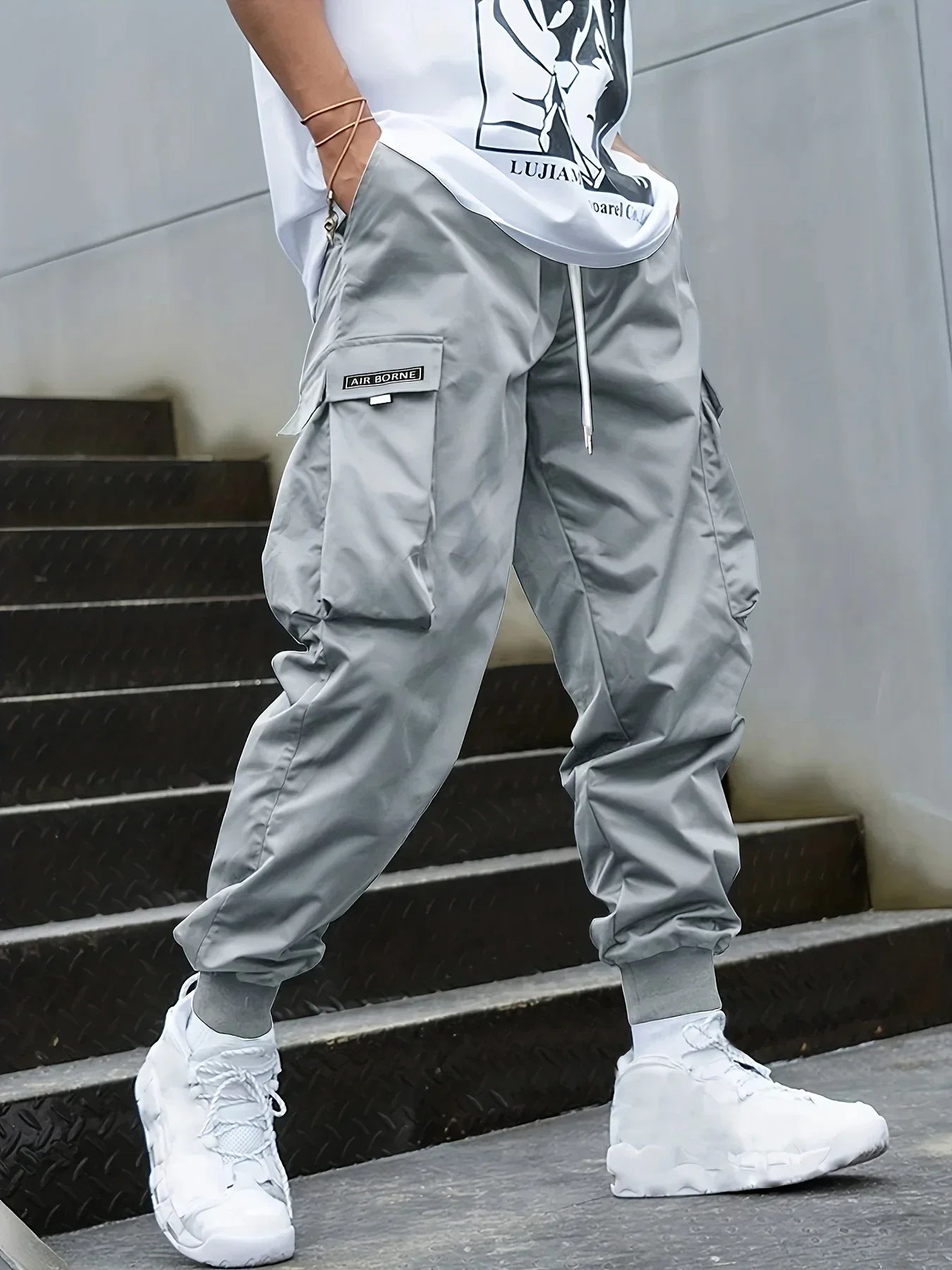 Plus Size Solid Color Spring Summer Men Casual Drawstring Cargo Pants Pockets Black Loose Out Door Elasticity Oversize Pants