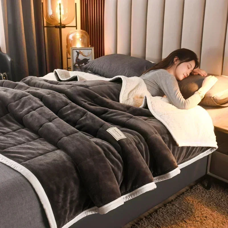 Coral Fleece Autumn Winter Warm Blankets for Bed 3 Layers Thicken Flannel Blanket Quilt Soft Comfortable Warmth Quilts Washable