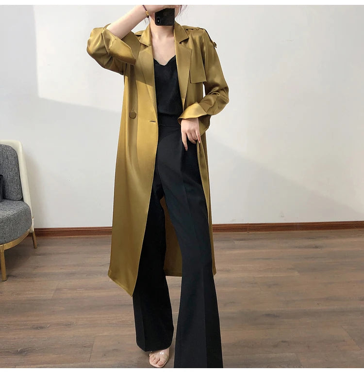 Lautaro Spring Autumn Long Soft Luxury Elegant Flowy Satin Acetate Trench Coat for Women High Quality Chic British Fashion 2022