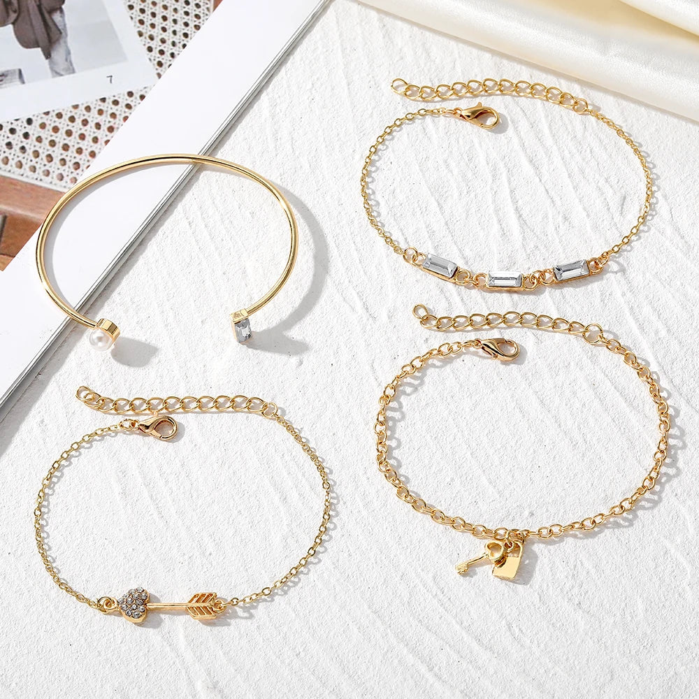 IPARAM Personality Lock Key Crystal Chain Bracelets Love Cupid's Arrow Opening Bangles Set Woman Trendy Accessories