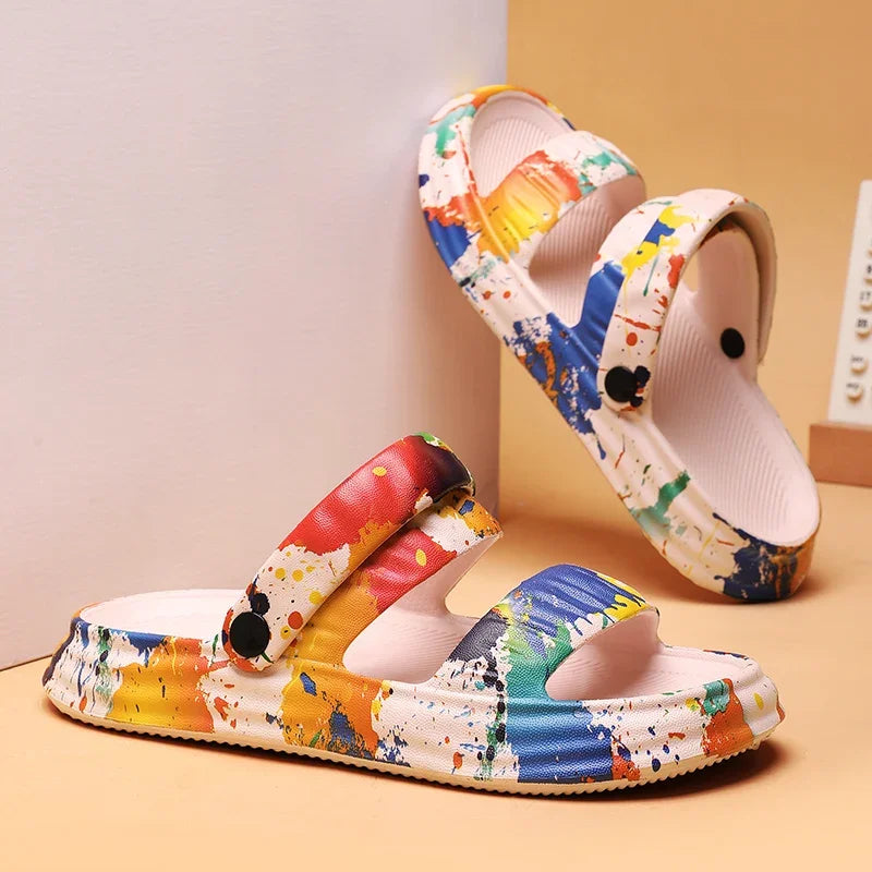 2024 New Thick-soled EVA Cave Shoes Women's Summer Wear Non-slip Beach Soft-soled Semi-Slippers Fashion Printed Sandals