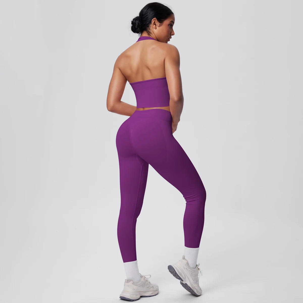 Solid Color Backless Breathable 2pieces Set for Woman High Strength Training Yoga Set Hanging Neck Bra Gym Push Up Fitness Pants