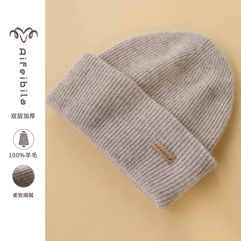 100% Merino Wool Double-Sided Beanie for Men Women Thick Soft Warm Winter Skull Caps Solid Color Knitted Beanies Hat