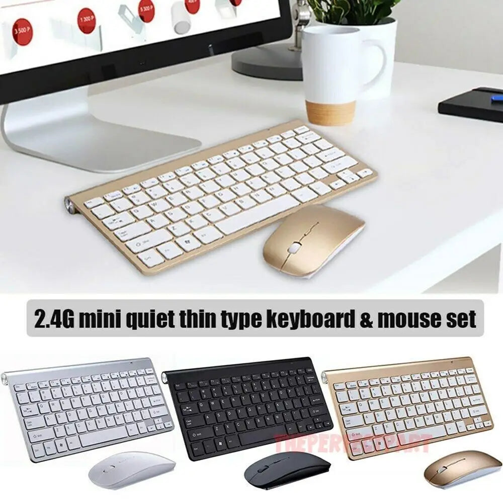 Wireless Keyboard And Mouse Set 2.4Ghz Gold For Laptop With Multimedia Keys And Silent Keys