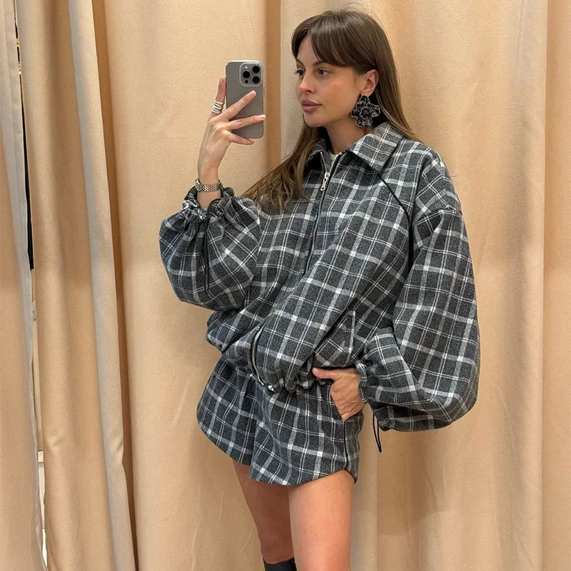 Casual Plaid Shorts Set Women Fashion Lapel Long-sleeved Zipper Jacket Short Pants Suit 2026 Lady Spring New Daily Street Outfit