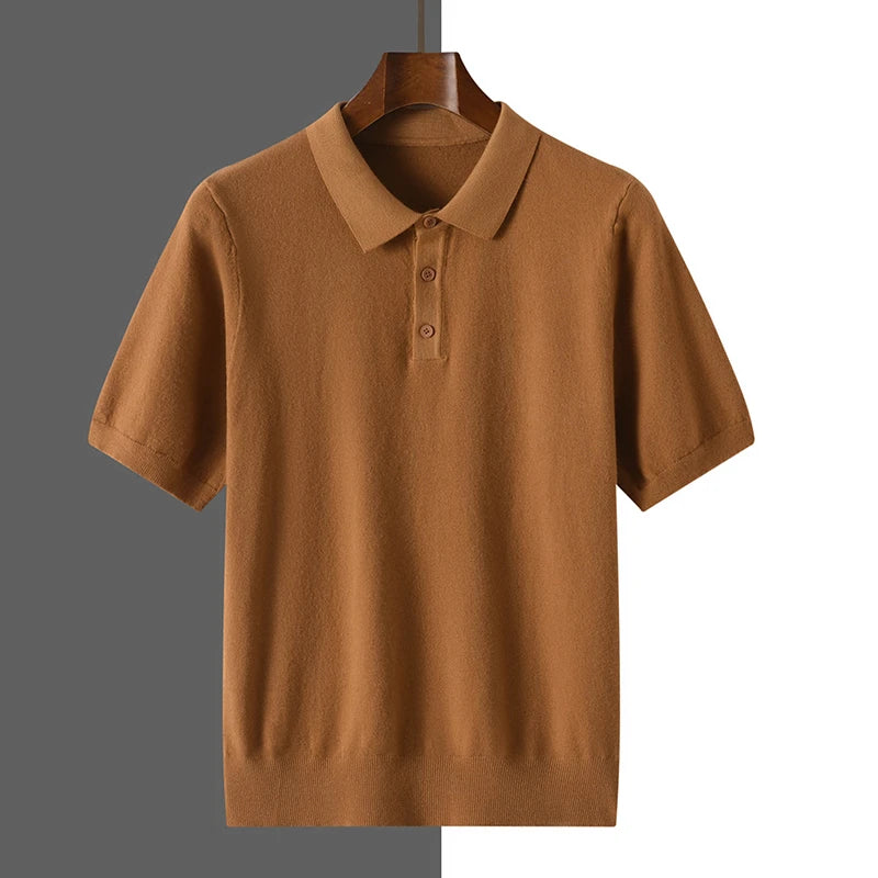 2025 Classic Polo Neck T-Shirt Pullover Men Knitwear Wool Lyocell Blend Sweater Short Sleeved Cool High-Quality Clothing Tops