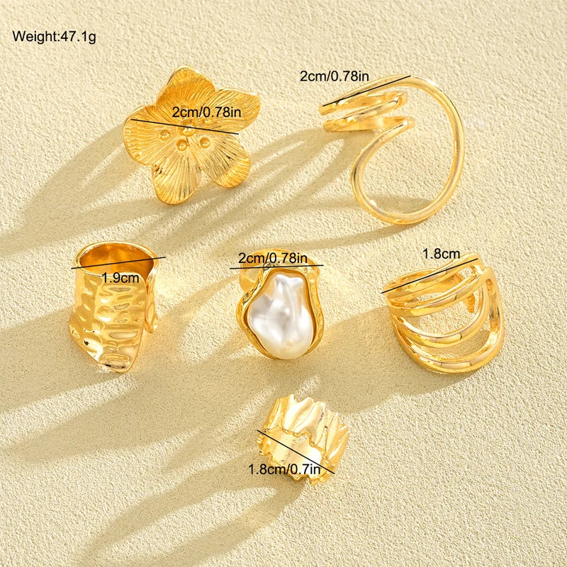 6Pcs/Set Fashion Imitation Pearl Flower Rings For Women Irregular Exaggerated Gold Color Line Rings Set New Female Jewelry Gifts