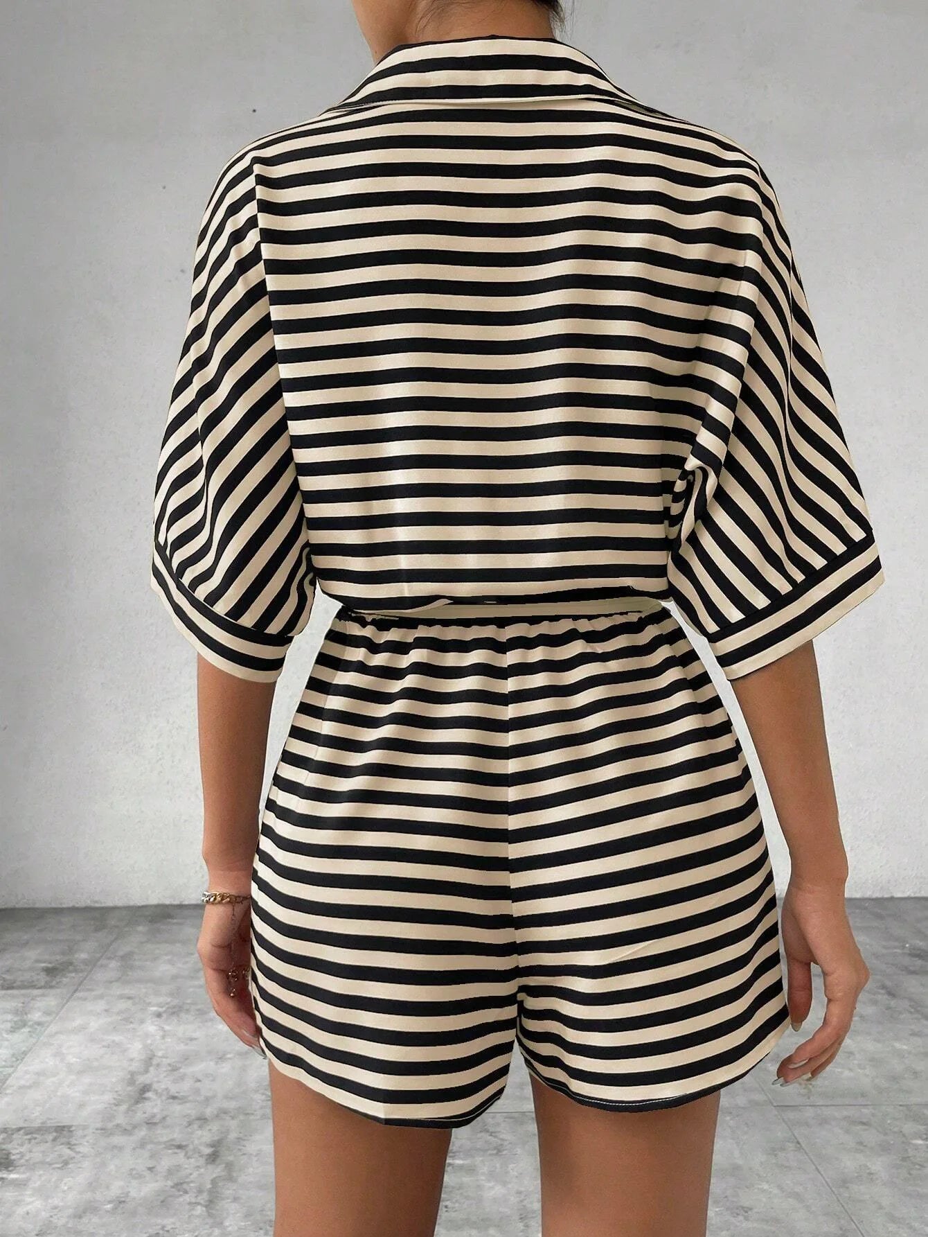 Summer New Set For Women's Casual Loose Comfortable Outfit Fashion Striped Batwing Sleeve Shirt Top+ Shorts 2-piece Sets Woman