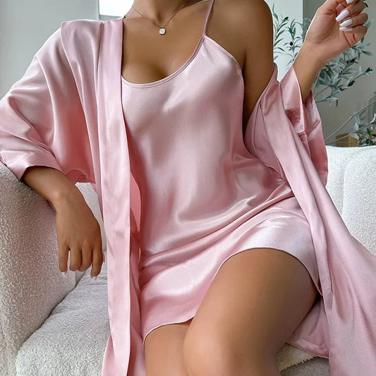 Silk Satin Women Nightgown Set Sleeveless Sling Dress & Long Sleeves Waist Belt Robe 2 Pieces Female Sleepwear Autumn Nightwear