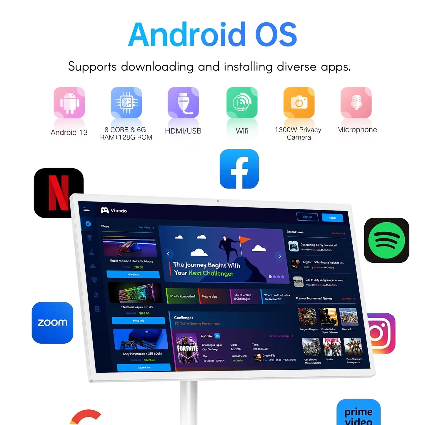 Portable TV 32 Inch Smart Touch, Rotating 2K LCD Screen with Built-in Cables, Android Operating System Stanbyme