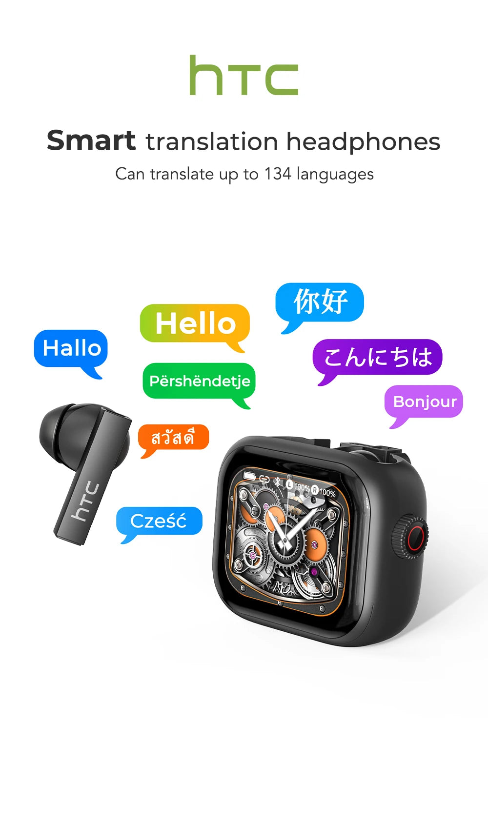 [Ultra HD Screen] HTC NE40 Earphones Bluetooth V6 TWS Sports Wireless Headphones AI Translator Earbud In-Ear Noise Reduction Mic