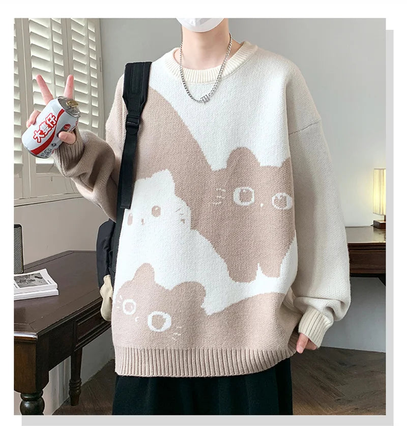 Winter Men's Anime Cat Jacquard Crewneck Knitted Sweaters Hip Hop Fashion Graphic Printed Y2K Jumpers Streetwear Knit Pullovers