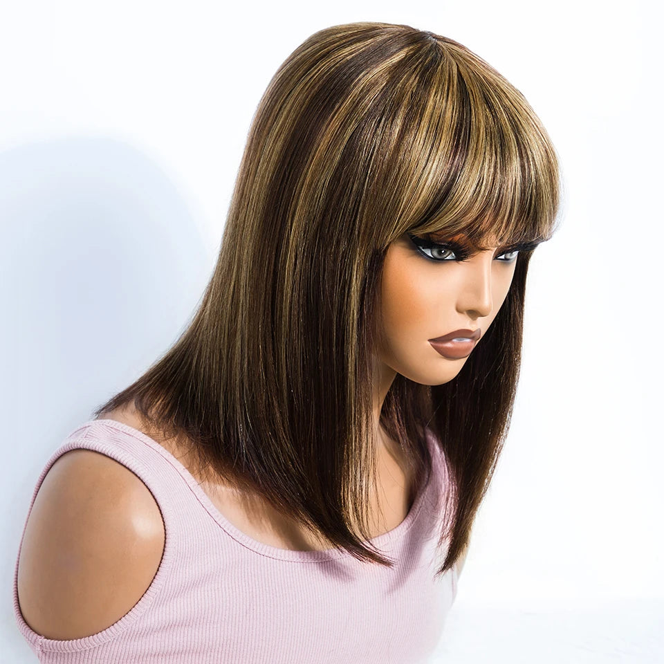 Brazilian Short Straight Hair Bob Wigs Human Hair Wig With Bangs Remy Full Machine Made Wig for Women Brown Honey Color Bob Wig