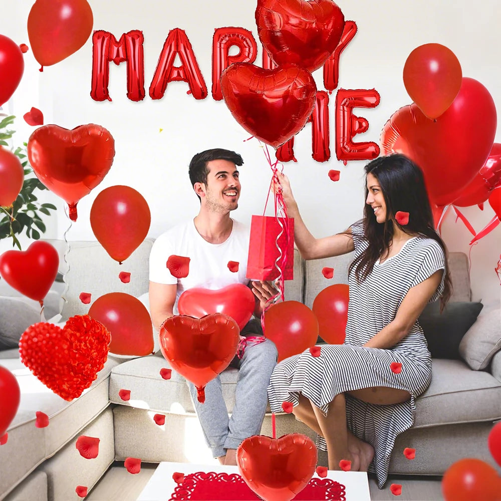 Marry me Red Balloon Set Simulation Rose Petals Heart shaped Balloon Valentine's Day Confession Proposal Decoration