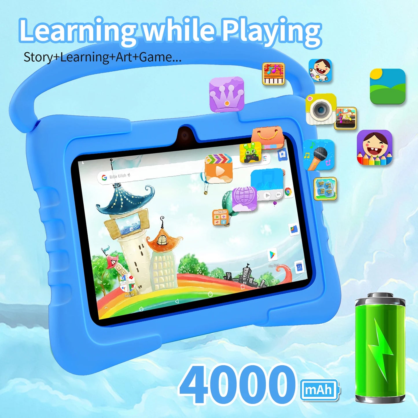 BDF-K3 Kids 7 Inch Android Tablets Quad Core 4GB+64GB ROM Cartoon Portable with Kids-Proof Protective Case Best Gift for Childre