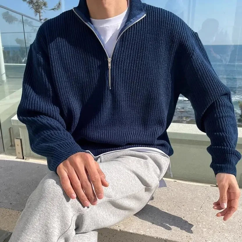 American Fashion Brand Design Korean Style Stand Collar Half Zipper Sweater Men's Temperament Versatile Knitted Sweater