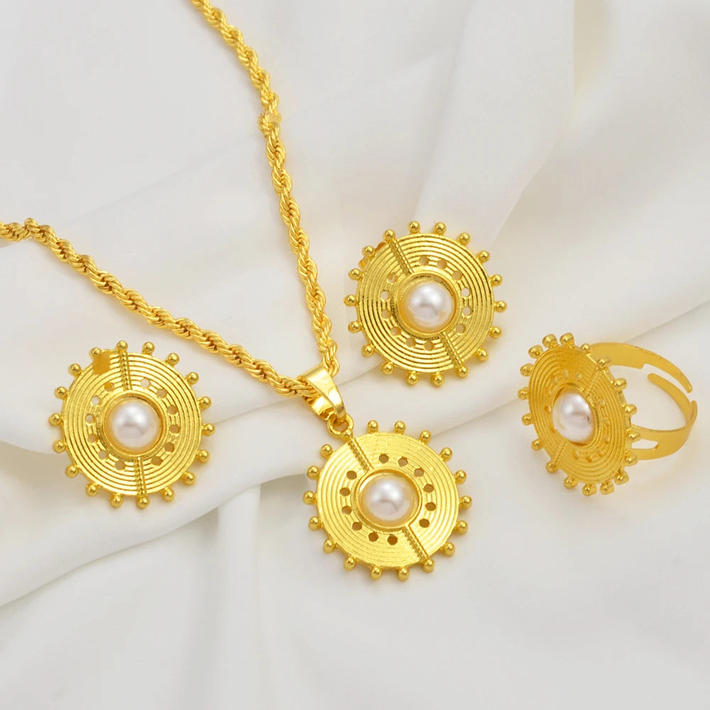 Ethiopian Eritrea Round Jewelry Sets With Pearl Necklace Earrings Rings for Women Girls African Brides Accessories @340206