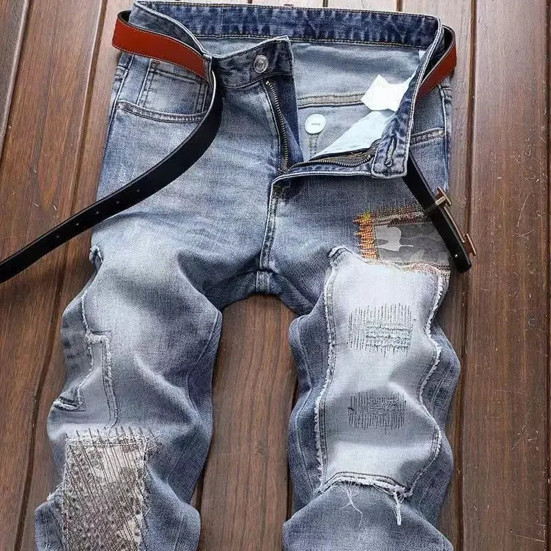 New Spring Autumn Wash Denim Korean Style Blue Designer Cowboy Cycling Motorcycle Splice Vintage Cargo Strech Pant Jean Trousers