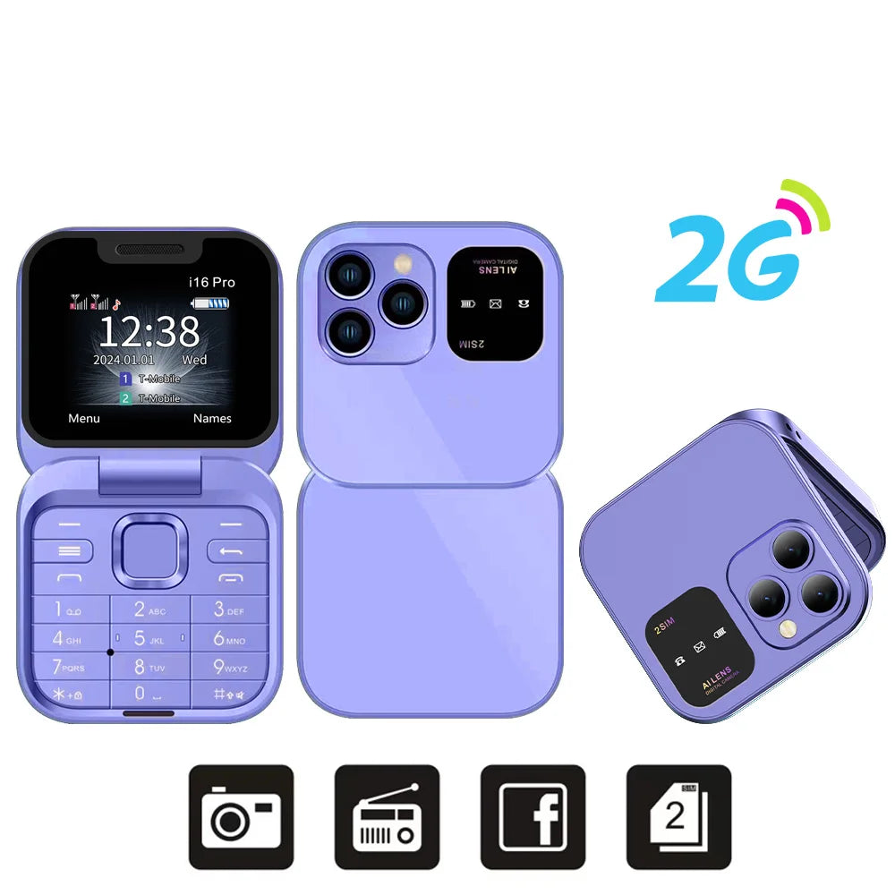SERVO i16 Pro Mini Flip Mobile Phone Dual SIM Card Speed Dial Magic Voice Blacklist FM Radio 2G GSM Cute Foldable Cellular Phone
