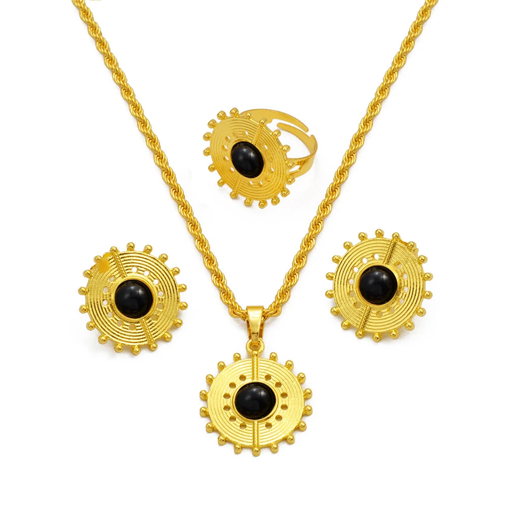 Ethiopian Eritrea Round Jewelry Sets With Pearl Necklace Earrings Rings for Women Girls African Brides Accessories @340206