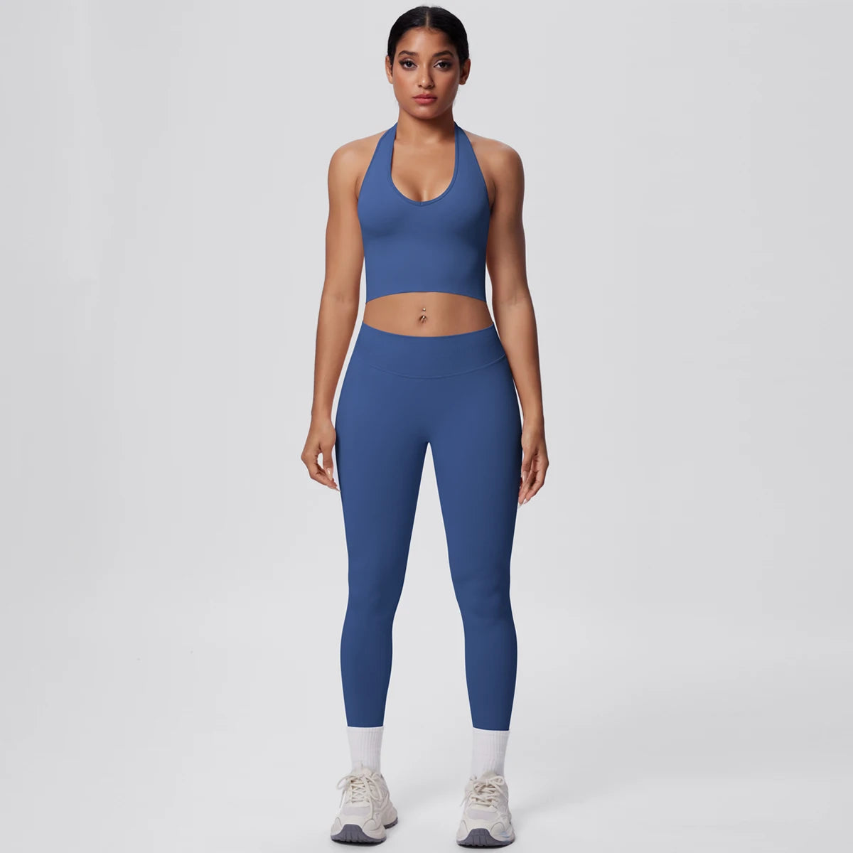 Solid Color Backless Breathable 2pieces Set for Woman High Strength Training Yoga Set Hanging Neck Bra Gym Push Up Fitness Pants