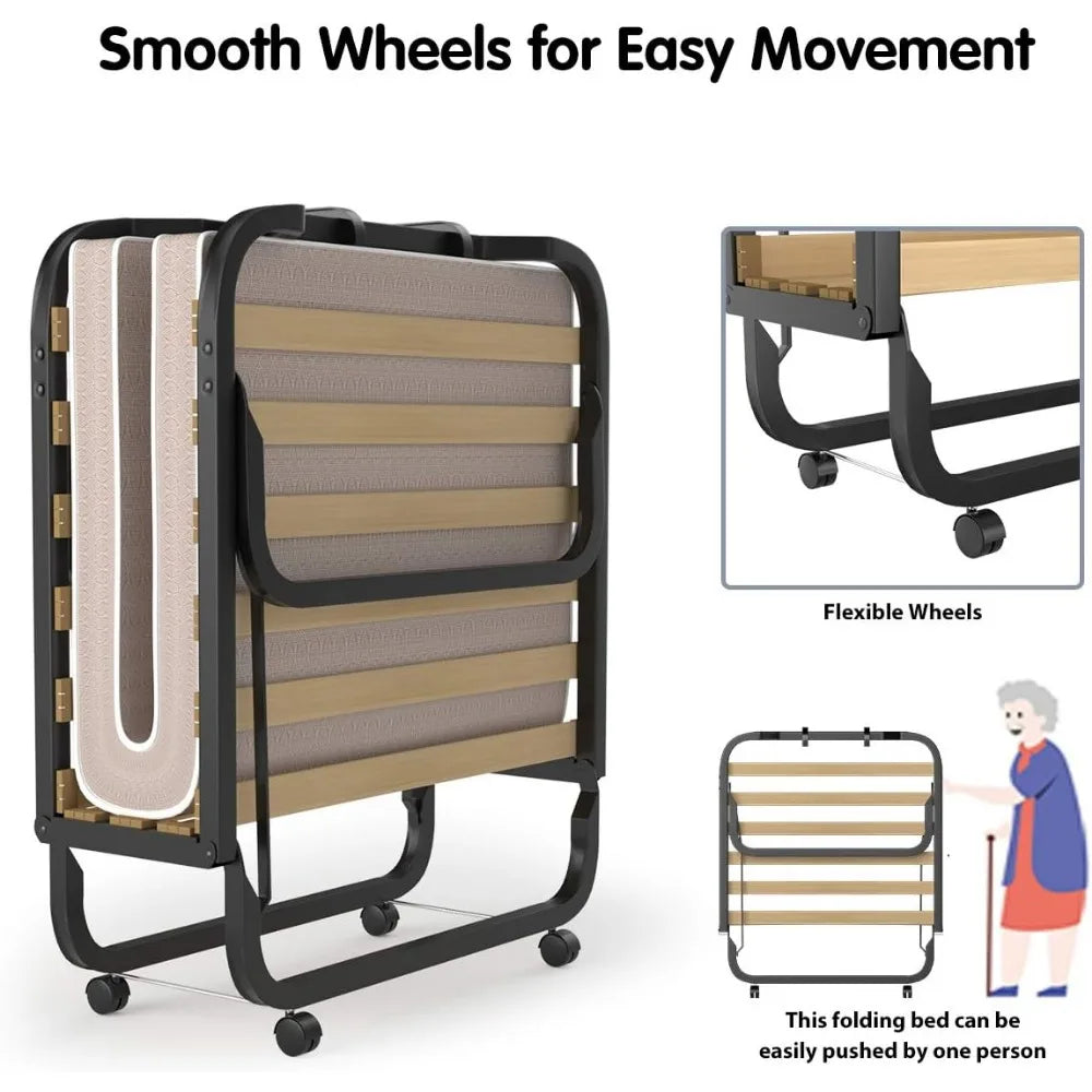 Folding Bed with 4 Inch Mattress, Foldable Rollaway Bed with Memory Foam Mattress for Adults, Portable Fold Up Guest Bed